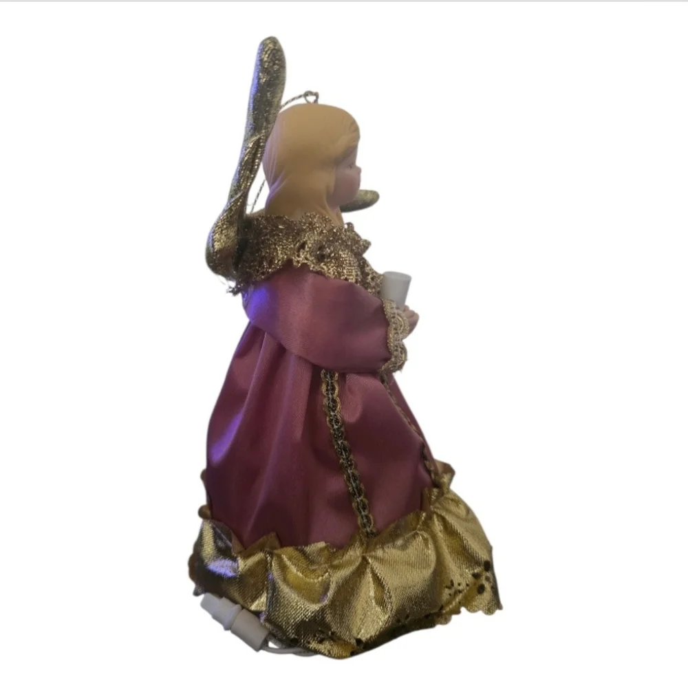 Vintage Angel Christmas Tree Topper Ornament Pink & Gold Dress Holding Light